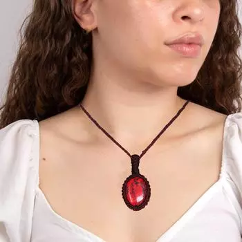 Macrame Red Handmade Necklace Copper Turquoise Thread Gemstone Jewelry