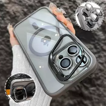 Магнитный металлический чехол-подставка для защиты объектива для iPhone 15 12 13 14 11 Pro Max Plus для Magsafe со стеклянной прозрачной крышкой для объектива For iPhone 15