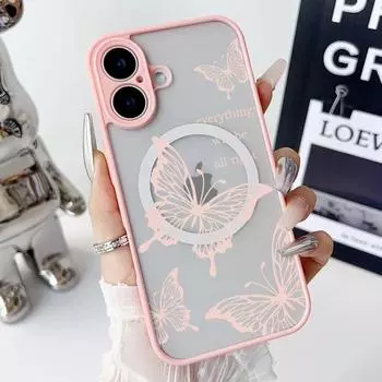 Magnetic Solid Color Edges Case for iPhone 16 Pro Max 15 14 Plus 13 12 Mini 11 Pro Max 8 7 Pink Butterfly Soft Edges Hard Clear Phone Case iPhone 16 чёрный