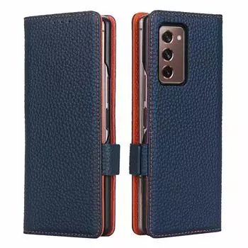 Магнитная книга для Samsung Galaxy Z Fold 2, чехол из натуральной кожи, защитный чехол-кошелек с подставкой для карт Genuine Leather светло-синий