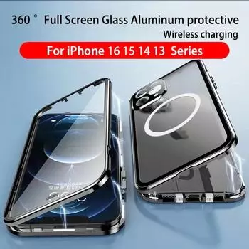 Магнитный чехол Magsafe на 360° для iPhone 16 15 14 13 12 Pro Max Plus из алюминиевого сплава с HD-стеклом и полным экраном, закрытый металлический защитный чехол For iPhone 16 Pro Max чёрный