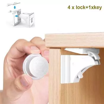 Магнитный детский замок для шкафа, шкафы, белый, 4 замка с 1 ключом One Size белый