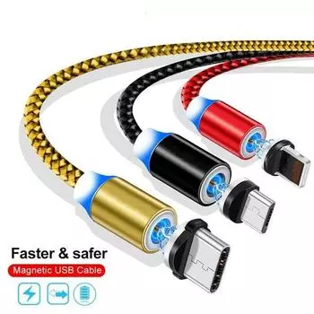 Магнитный USB-кабель со светодиодной подсветкой Micro USB Type C, быстрая зарядка Type-C для Huawei IPhone Samsung 1M Cable+Micro USB Plug чёрный