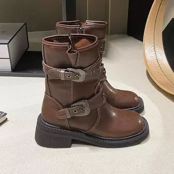 Maillard brown knight boots women s 2025 new metal buckle British short boots retro versatile square head western boots women 35 чёрный