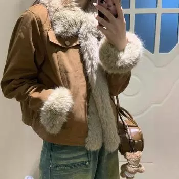 Maillard retro brown denim lamb wool jacket women s 2024 autumn and winter new short small fluffy cotton clothes S коричневый