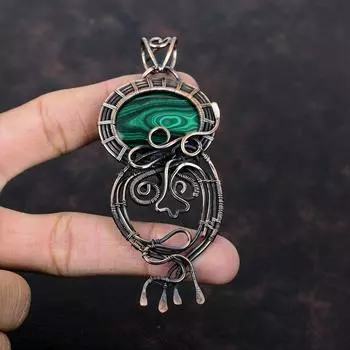 Кулон из малахитового драгоценного камня, подвеска из медной проволоки, подвеска ручной работы, дизайнерская подвеска из меди, подвеска из проволоки, подарок для женщин