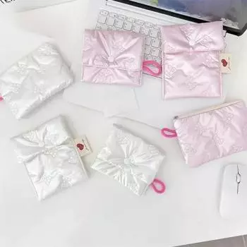 Маленькая розовая косметичка с бантом для хранения помады, симпатичные косметички, кошелек для монет, клатч для поездок на работу, женская косметичка в стиле Ins