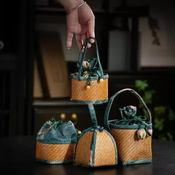 Маленькая сумка с рисунком из ротанга, квадратный чехол для путешествий на открытом воздухе, переносной органайзер, чашка для владельца, сумка для чайника, сшитый карман с завязками
