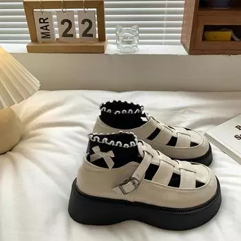 Маленькие кожаные туфли Jk Summer Hollow Breathable Retro French на толстой подошве, сладкие и классные сандалии Mary Jane в британском стиле 40 бежевый