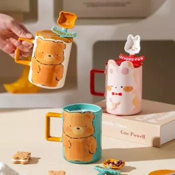 Маленький медведь кролик мультфильм милая керамическая чашка с крышкой ложка бытовой набор маленькая подарочная кружка пара чашка 380ML