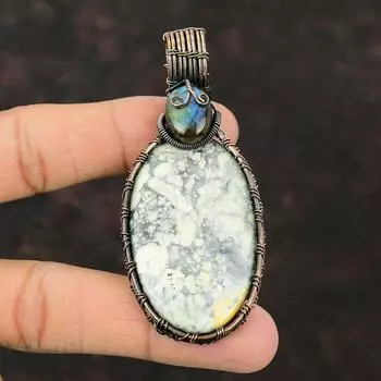 Maligano Jasper Copper Pendant Labradorite Pendant Copper Wire Wrapped Jewelry Handmade Gemstone Pendant Wire Wrapping Jewelry Gift For Her