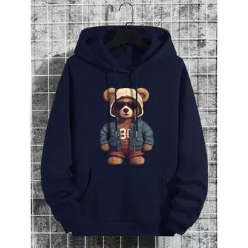 Manfinity Dauomo Men Bear Print Kengaroo Pocket Drawstring Thermal Hoodie S