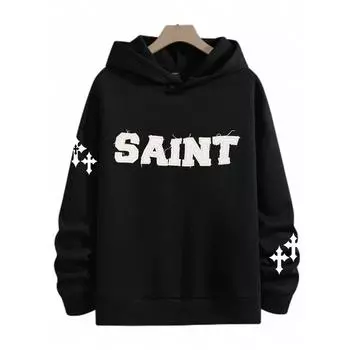 Manfinity LEGND Plus Size Men s Letter Print Long Sleeve Hoodie Sweatshirt , Black S