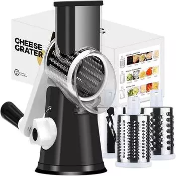 Manual Rotary Cheese Grater for Vegetable Cutter 3-in-1 Grater Slicer Multifunctional Vegetable Chopper With 3 replaceable blade чёрный
