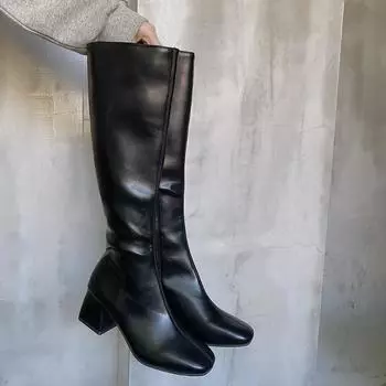 Maogu Женские резиновые туфли Сексуальные туфли на квадратном каблуке до бедра 2024 Роскошные зимние ботильоны на каблуке Новые черные сапоги длиной до колена 35 чёрный