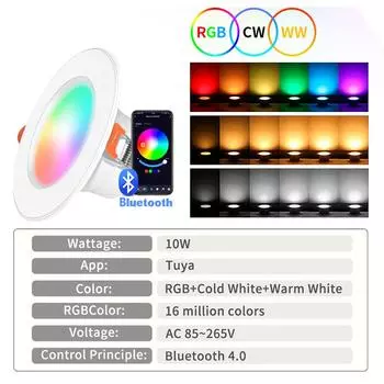 MARPOU Tuya Smart LED Lamp With Bluetooth Downlight Round Spot Light 10W RGB Color Changing recessed led spotlights for ceiling 10w&MULTI синий