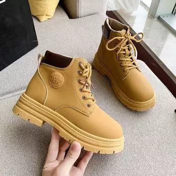 Martin boots autumn and winter new thick-soled high-top casual medium tube short boots lace-up heightening rhubarb boots women 35