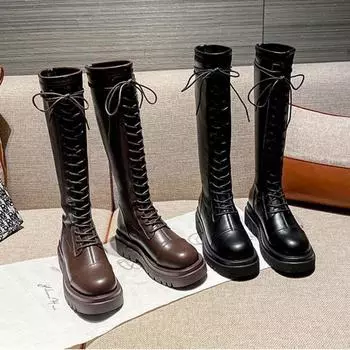 Martin boots black thick-soled thin lace-up high boots but knee-length knight boots women s 2025 new leather boots 35 чёрный