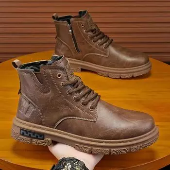 Martin boots men s leather shoes British style tooling boots versatile high-top casual Martin boots lazy side zipper outdoor leather boots 39 верблюд
