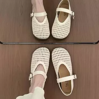 Mary Jane Fisherman Shallow Mouth Single Shoes Women s New Flat Bottom Mesh Hollow Woven Sandals Hole Small Leather Shoes 35