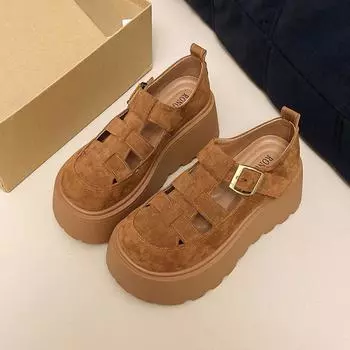 Mary Jane single shoes bag head sandals women s new spring and summer platform heightening shoes hollow hole shoes 35 верблюд