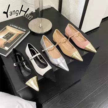 Mary Jane Single Shoes Women s 2024 Summer New European and American Pointy Shallow Button Flat Shoes Women s Flat Heels 35