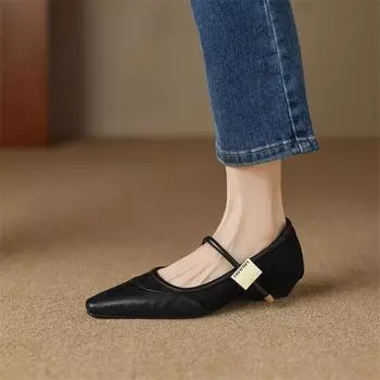 Mary Janes Low Heel Pumps Pointed Toe Shallow Women Shoes Fashion Party Office High Heels Patchwork Buckle Strap Leather Shoe 35 чёрный