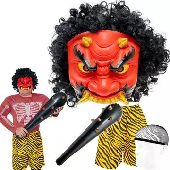 Маска для лица Setsubun, красная, синяя, хання и брюки Oni, черный парик Oni, брюки Oni [XP Design] Комплект, Oni, Oni, парик, клуб, (Красный + + а)