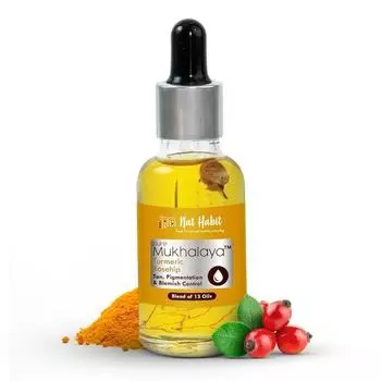 Масло для лица Nat Habit Turmeric Rosehip Mukhalaya для загара, борьбы с пигментацией и несовершенствами кожи, содержит смесь 13 масел холодного отжима(15мл)