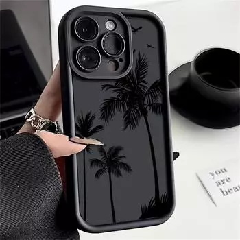 Матовый противоударный чехол с принтом кокосовой пальмы для iPhone 16 Pro Max 15 Pro 14 13 12 11, противоударный защитный чехол для линз из мягкого ТПУ iPhone 16e чёрный