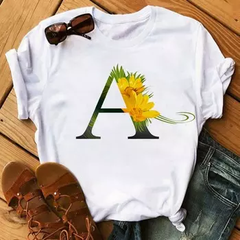 Maycaur Custom Name Letter Combination Женская футболка высокого качества с принтом Цветочный шрифт ABCDEFG Футболка с коротким рукавом T S