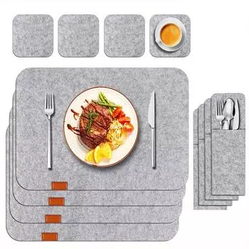 Meal mat knife and fork bag set,meal mat coaster, washable meal mat (4PCS meal mat+4PCS coaster+4PCS knife and fork bag) 45x30cm&Rectangular