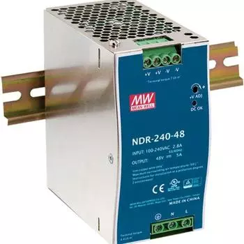 Mean Well NDR-240-48 48 В, 5 А, 240 Вт, промышленный источник питания на DIN-рейку, PFC, вход переменного тока от 90 В до 264 В