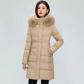 Medium and long butterfly print thin cotton clothes women s large size velvet waist hooded large fur collar cotton-padded clothes L хаки
