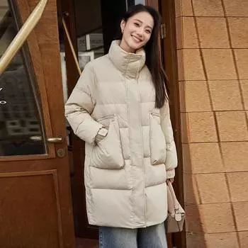 Medium and long pocket design stand-up neck down jacket women s 2024 thickened white duck down high-end casual and thin jacket tide S