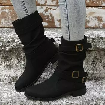 Medium boots women s 2025 autumn and winter new boots women s round head flat bottom women s large size boots 36 чёрный