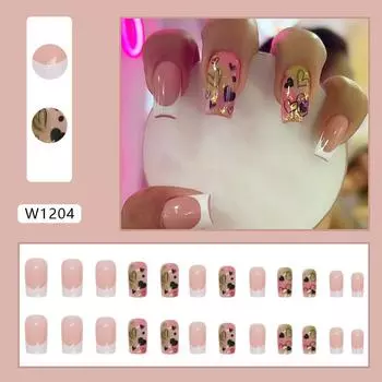 Medium-length love nail art pink smudge white French fake nail wearable nails