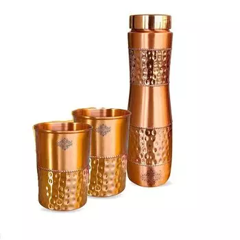 Медная бутылка 1 шт. с набором из 2 стаканов, в желтой подарочной коробке, польза для здоровья, идеально подходит для дома, офиса и путешествий (Бутылка - 1 литр) (Каждый стакан - 300 мл)