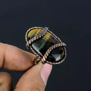 Медная проволока драгоценной камня тигрового глаза обернула ювелирные изделия ручной работы все кольцо размера для подарка 4 жёлтый
