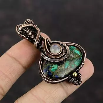 Медный кулон с азуритом и малахитом, кулон с радужным лунным камнем, медная проволока, кулон, ювелирное изделие из драгоценного камня, подарок для нее, медные украшения ручной работы