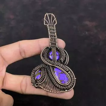 Медный кулон с чароитом, подвеска из медной проволоки с драгоценным камнем, подвеска ручной работы, элегантное ювелирное изделие, подвеска в виде гитары для подарка, антикварная медная бижутерия