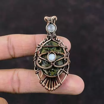 Медный кулон с серафинитом от сглаза, медная проволока, кулон с драгоценным камнем, кулон с радужным лунным камнем, медные украшения ручной работы, подарок на годовщину