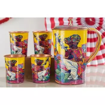 Meena Padharo Mhare Desh Theme Copper Gift Set of 1 Jug & 4 Glass - Perfect for Home, Office, and Gifting, Jug-1.5 Litre & Glass-270 ML Each