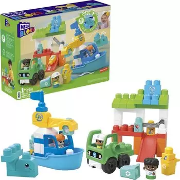 MEGA BLOKS Зеленый городок, очищающий море с помощью лодок и грузовиков, набор кубиков, развивающие и обучающие игрушки для детей от 1 года и старше, зеленый HPB49
