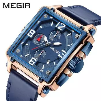 MEGIR Blue Rose Прямоугольные мужские кварцевые наручные часы ML2061G розового золота/синий