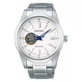 Механические часы Seiko SCVE049, с автоподзаводом и ручным заводом, Open Heart, прозрачная задняя крышка, водонепроницаемость 10 АТМ, мужские серебристые.