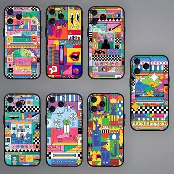 Memphis Style Geometric Drawing Phone Case For iPhone Mini 11 12 13 14 15 Pro XS Max X Plus SE XR Black Soft Shell iPhone14Plus