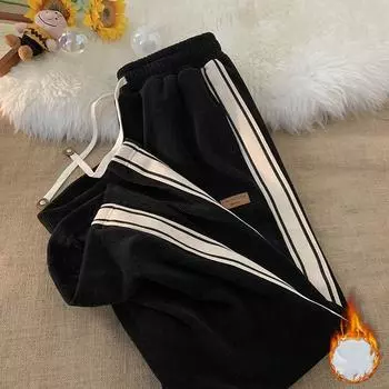 Men and Boys Autumn/Winter Fleece-Lined Straight-Leg Casual Trousers Sports Casual Trousers High Street Thin Fleece Pants 3XL чёрный