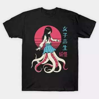 Мужская черная футболка с принтом, очень большая футболка Yokai School Girl, хлопковая футболка с принтом на бумаге для переноса изображений без вырезов S чёрный