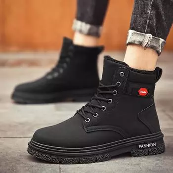 Men Boots lace up plush warm Winter New Handmade High-top Casual Shoes Outdoor Hiking Men Shoes Optional Plush Warm Ankle Boots 39